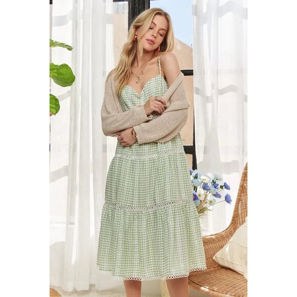 ADORA Sleeveless Gingham Check Print Side Zipper Washed Midi Dress | Light Green - Picture 4 of 7